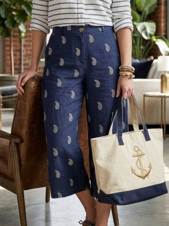 Calligraphie Pants - Calligraphie Linen Blend Paisley Wide Leg Cropped Pants Blue Coastal Nautical